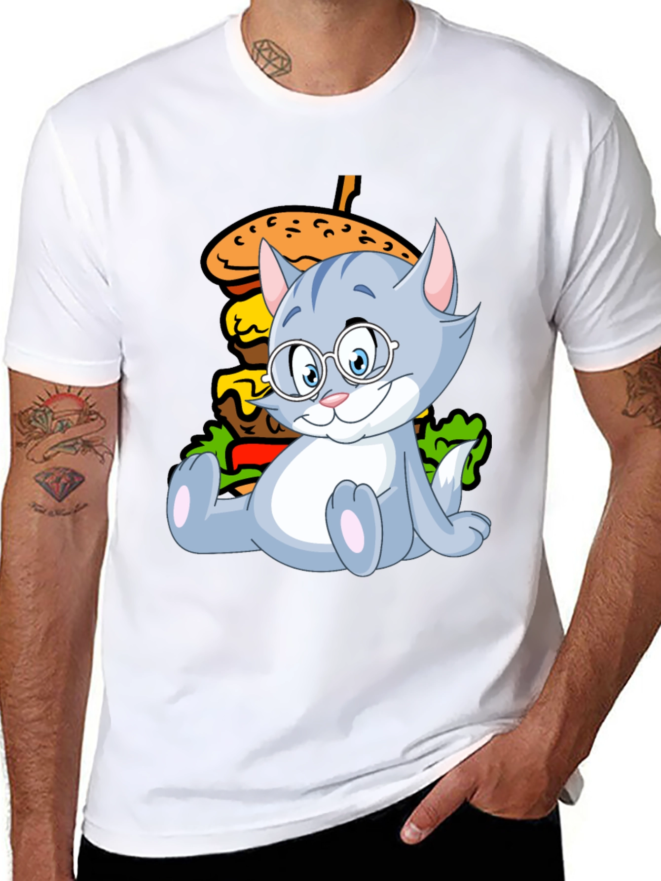 Cat and Burger Graphic Black T-Shirt