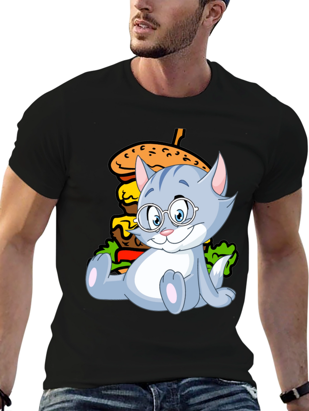 Cat and Burger Graphic Black T-Shirt