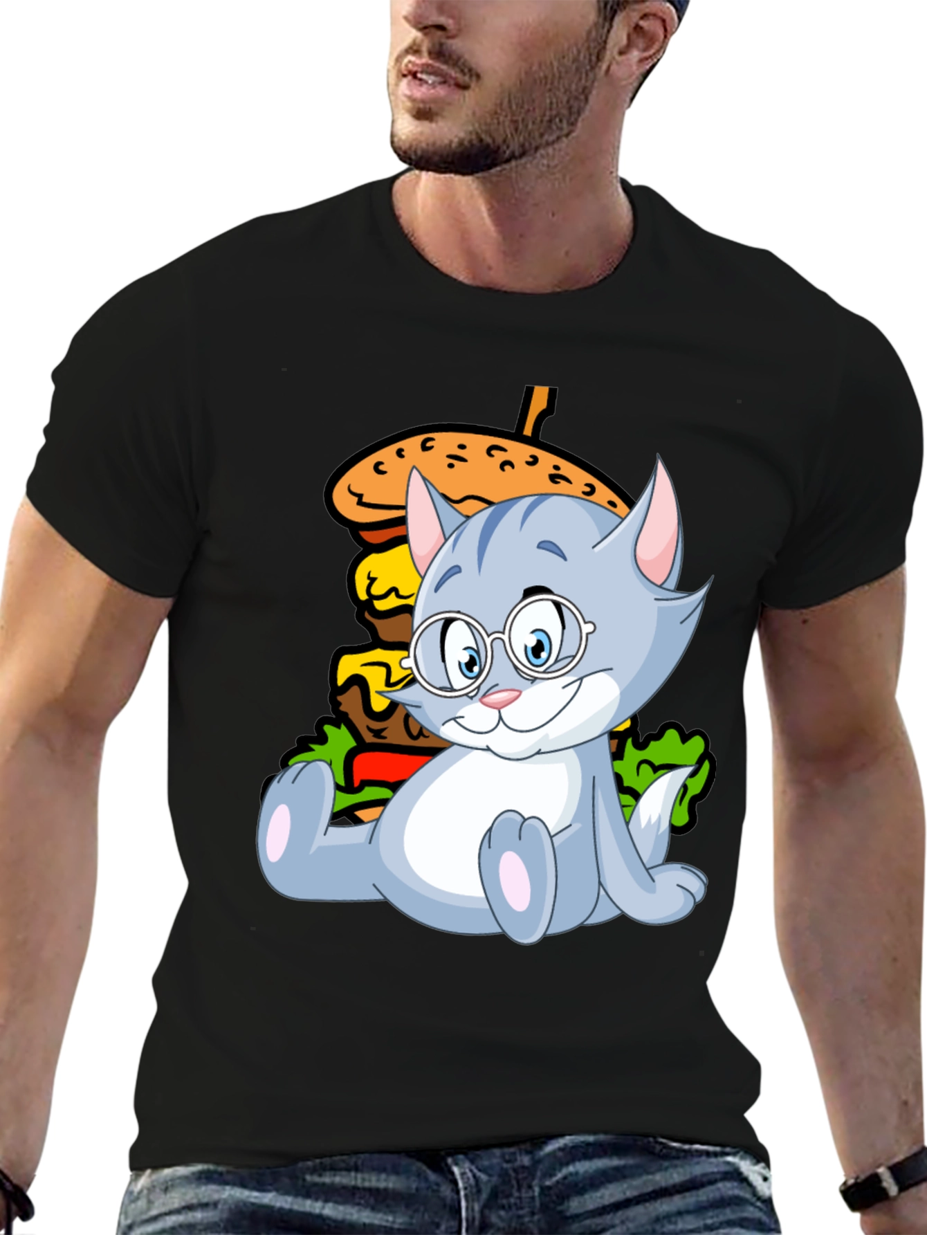Cat and Burger Graphic Black T-Shirt