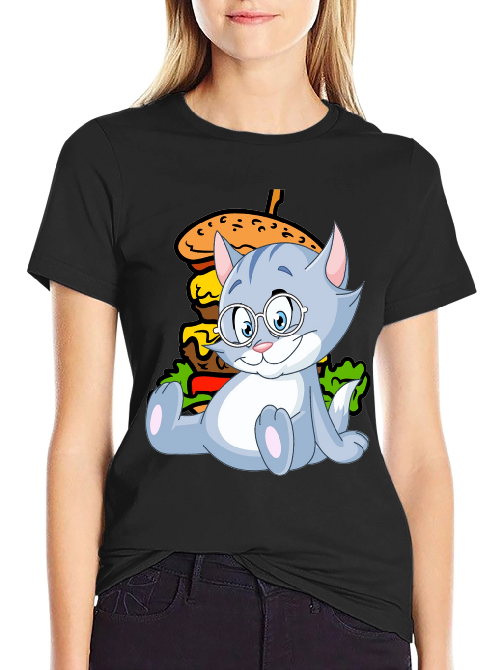 Cat and Burger Graphic Black T-Shirt