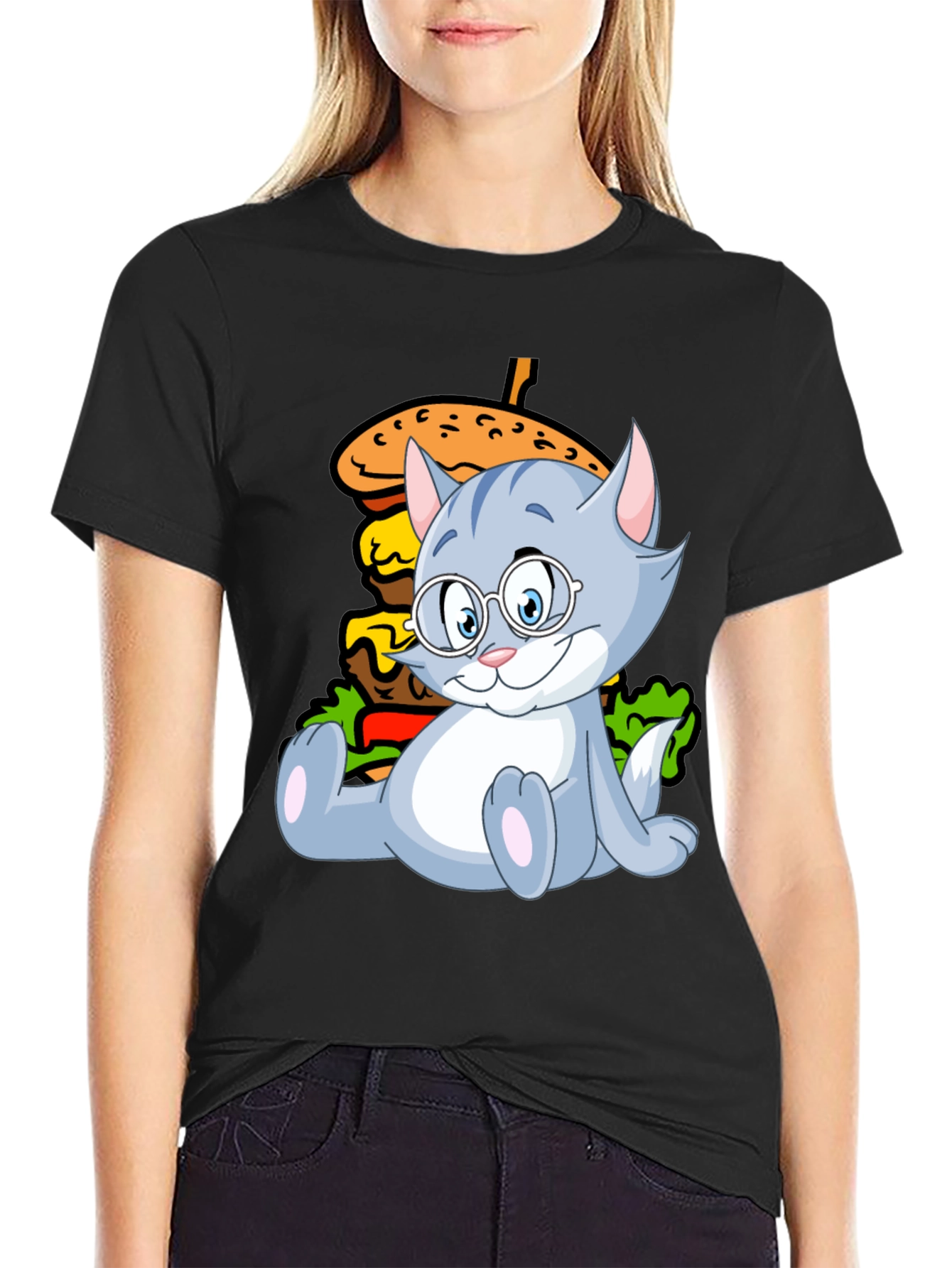 Cat and Burger Graphic Black T-Shirt