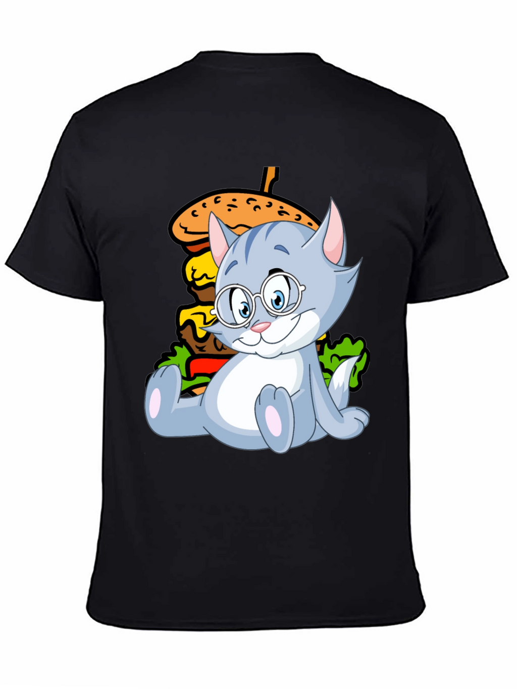 Cat and Burger Graphic Black T-Shirt