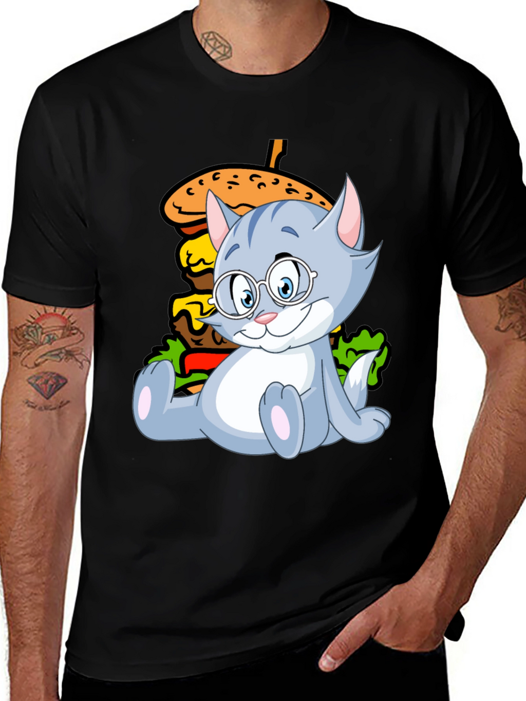 Cat and Burger Graphic Black T-Shirt