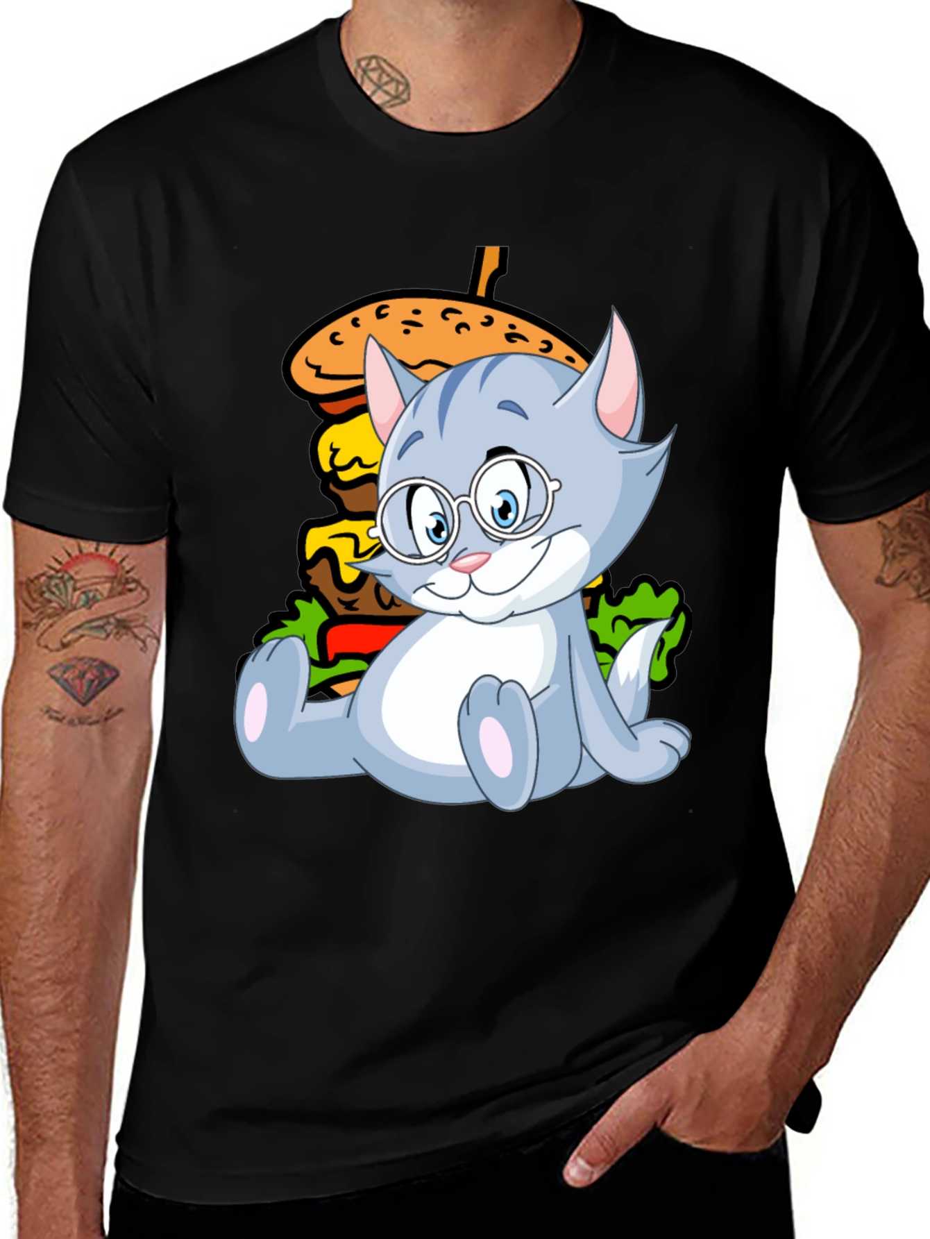 Cat and Burger Graphic Black T-Shirt
