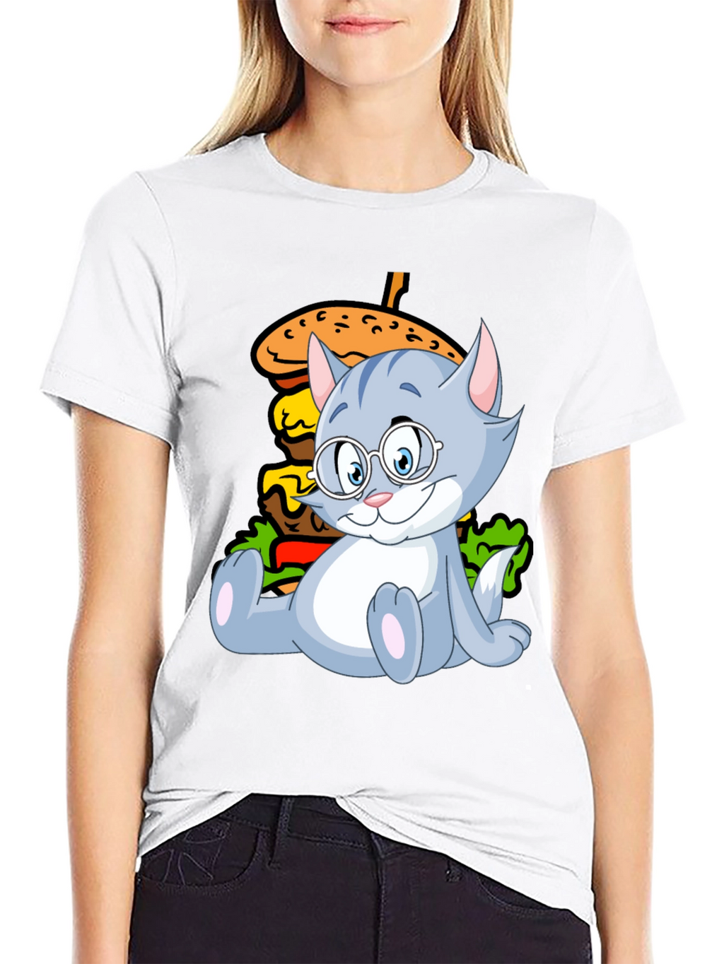 Cat and Burger Graphic Black T-Shirt