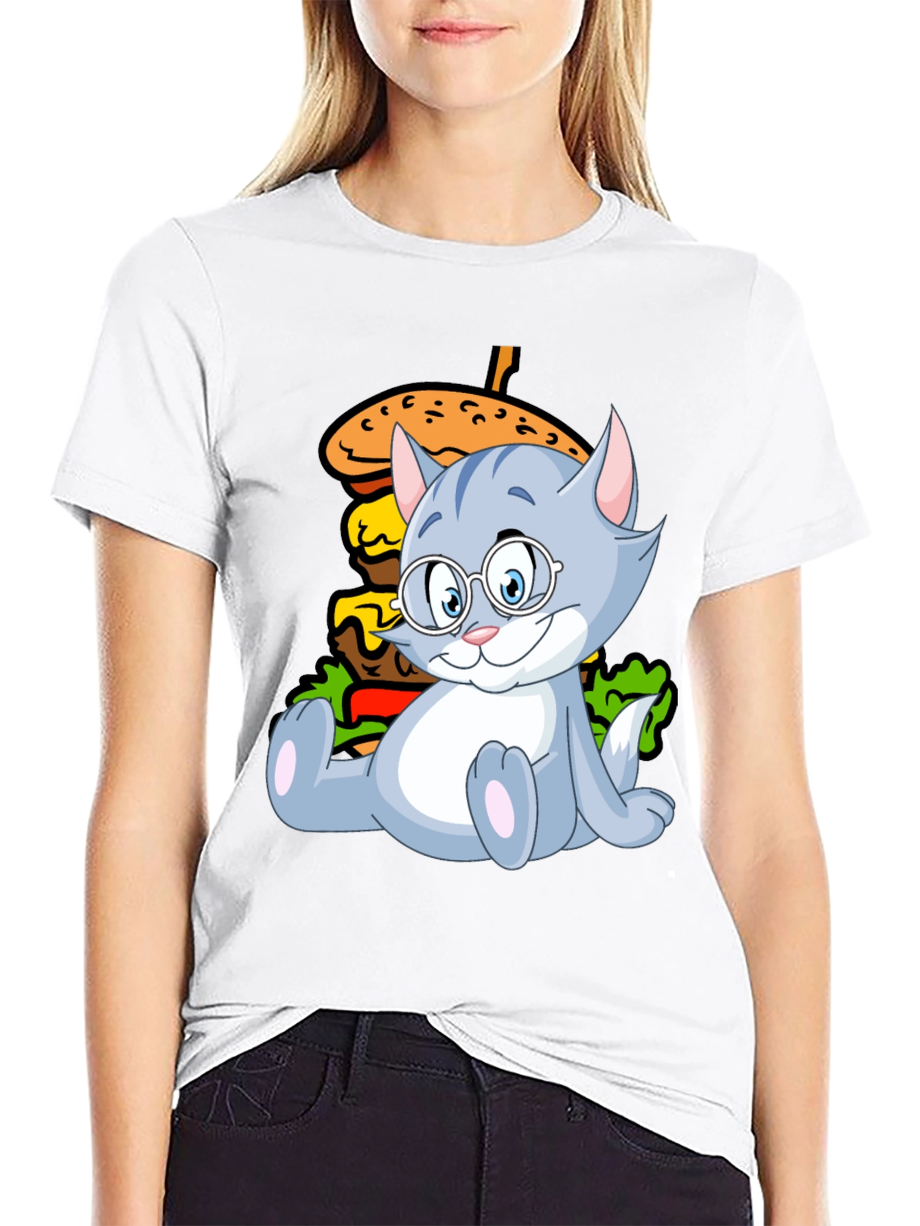 Cat and Burger Graphic Black T-Shirt