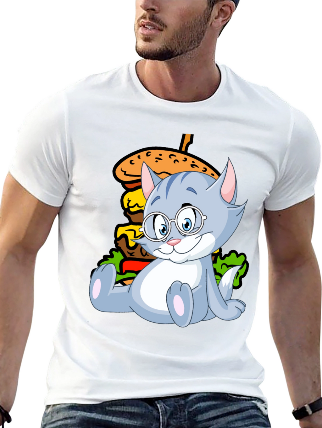 Cat and Burger Graphic Black T-Shirt