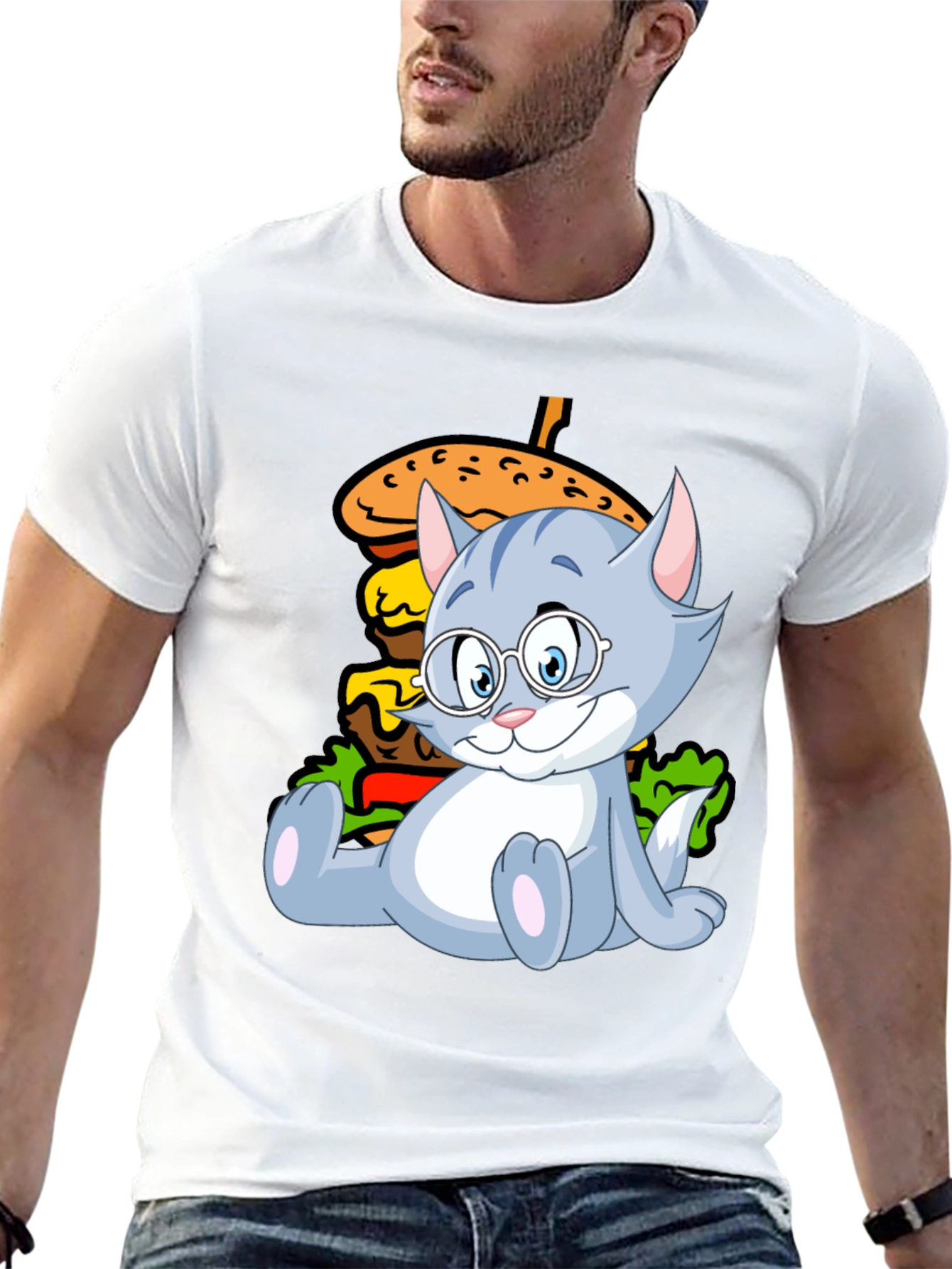 Cat and Burger Graphic Black T-Shirt