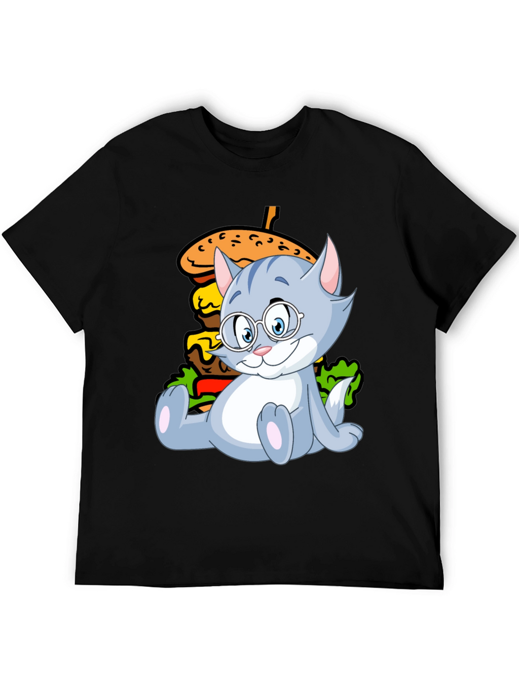 Cat and Burger Graphic Black T-Shirt