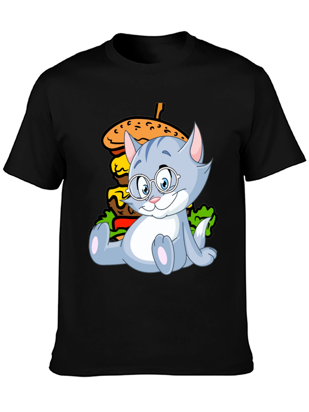Cat and Burger Graphic Black T-Shirt
