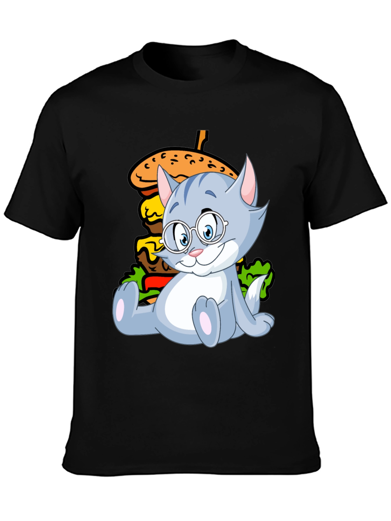 Cat and Burger Graphic Black T-Shirt