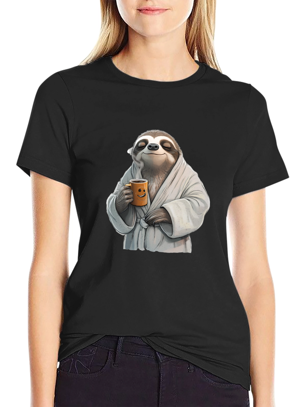 Relaxed Sloth Black T-Shirt - Coffee Time!