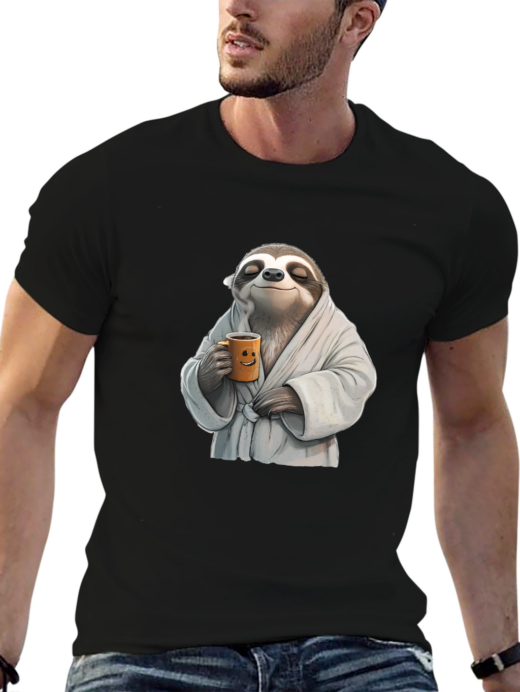 Relaxed Sloth Black T-Shirt - Coffee Time!