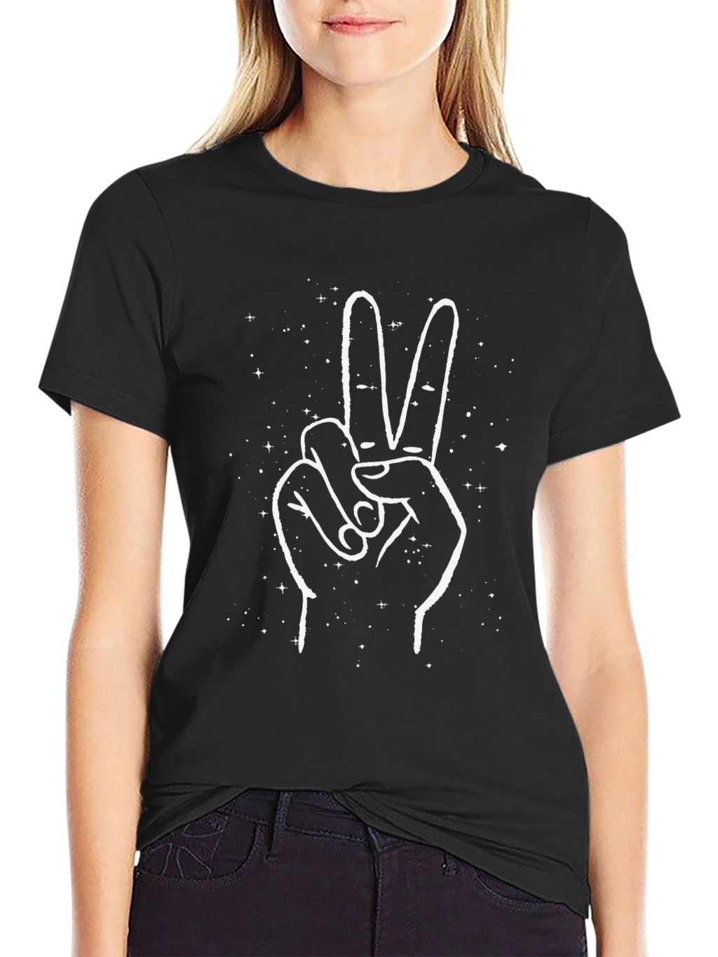 Peace Sign Graphic Tee - Black Cotton Casual