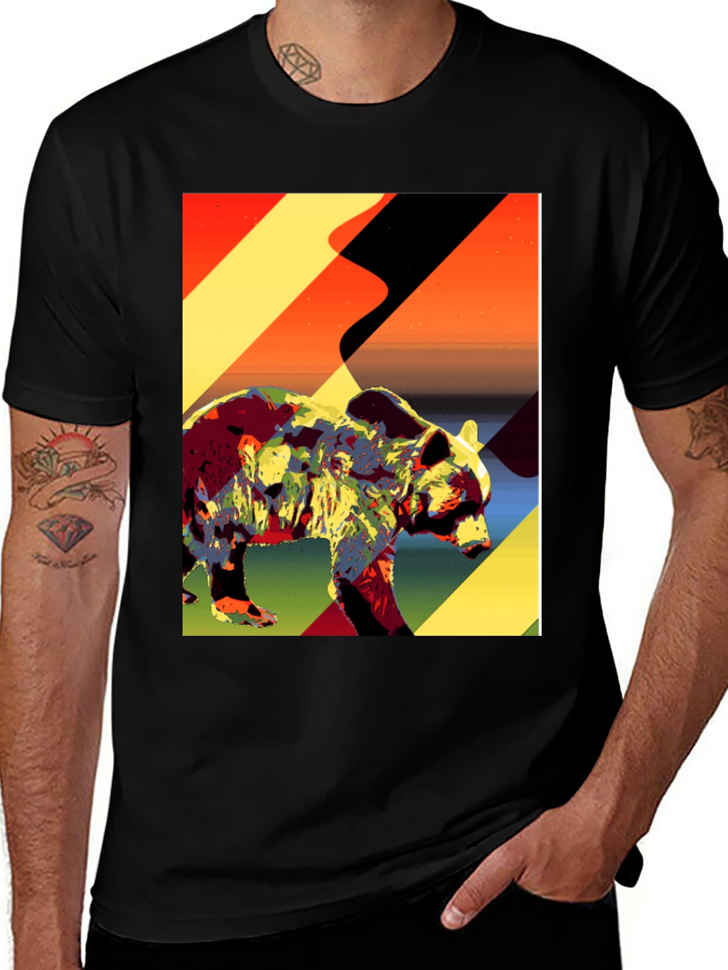 Abstract Bear Graphic Tee - Black Cotton T-Shirt