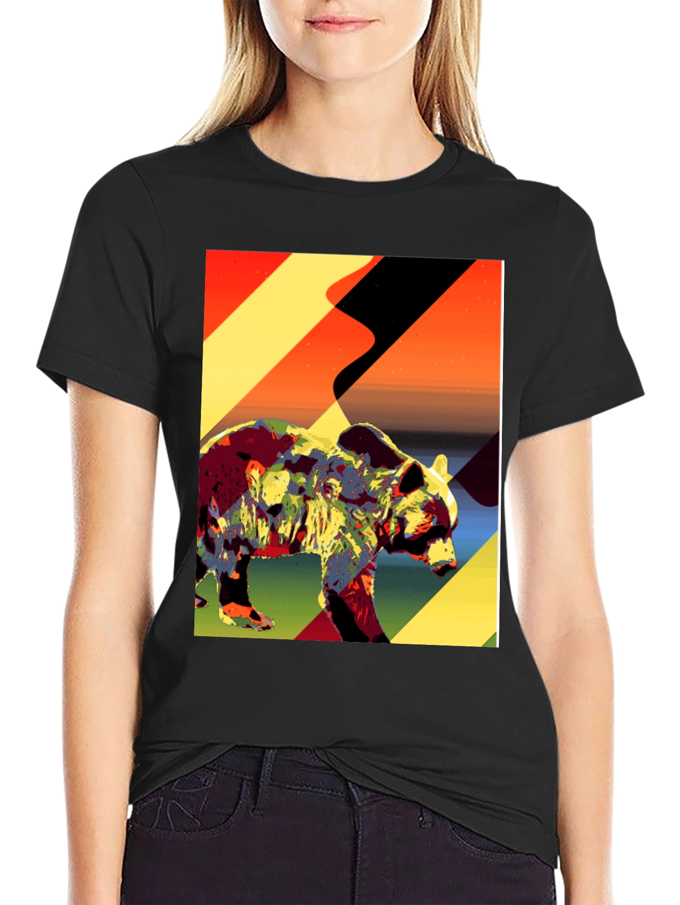 Abstract Bear Graphic Tee - Black Cotton T-Shirt