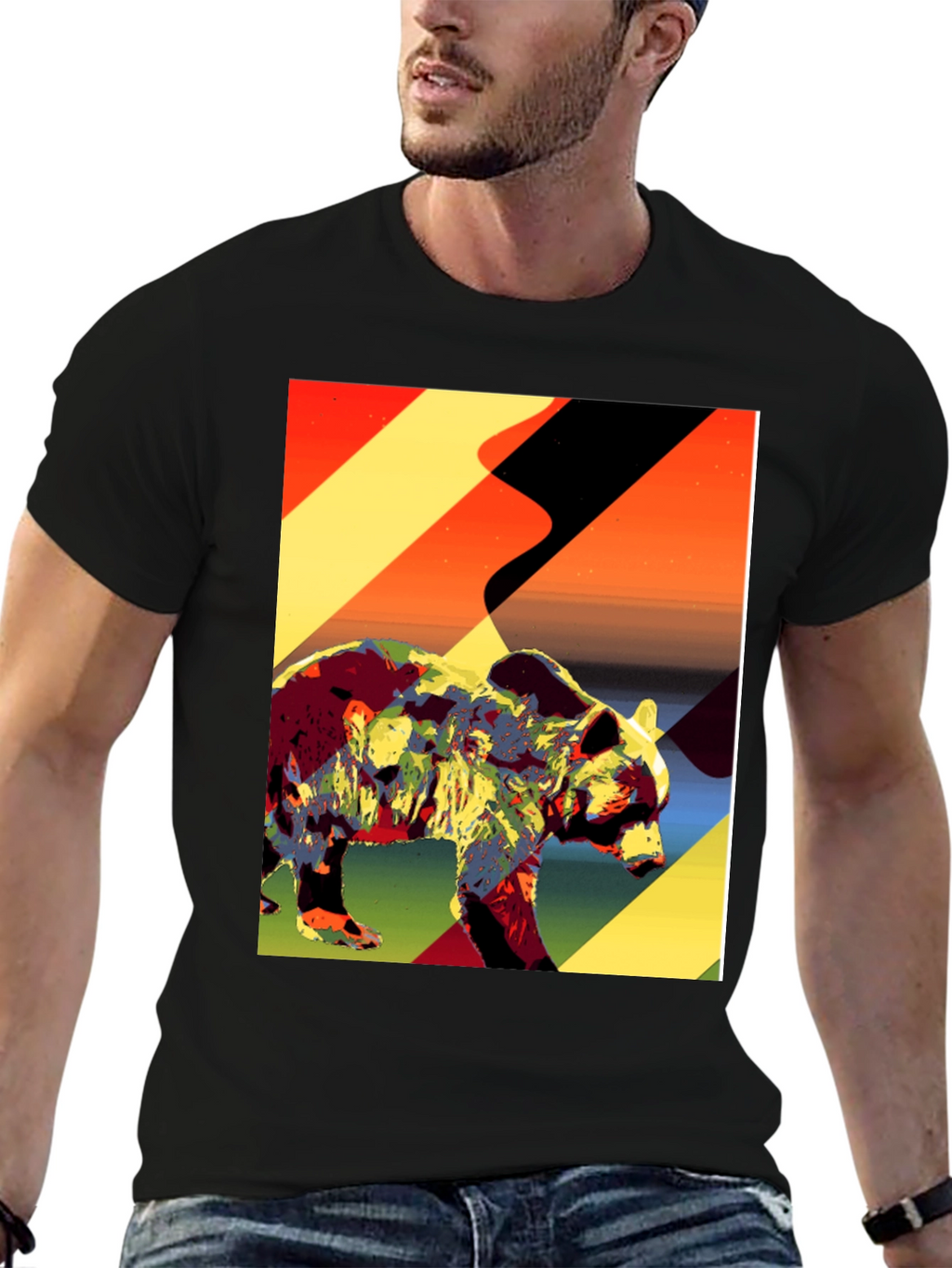 Abstract Bear Graphic Tee - Black Cotton T-Shirt
