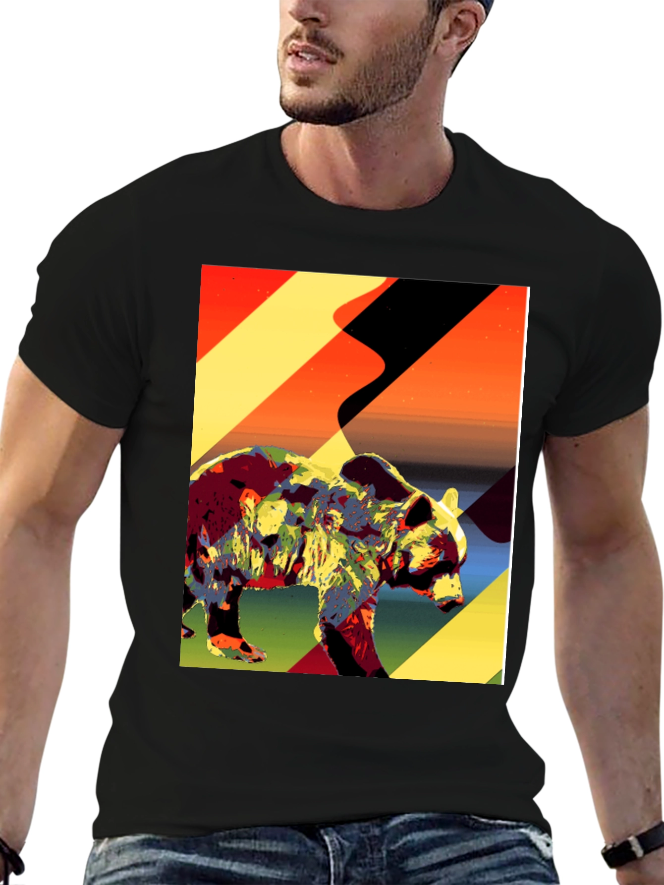 Abstract Bear Graphic Tee - Black Cotton T-Shirt
