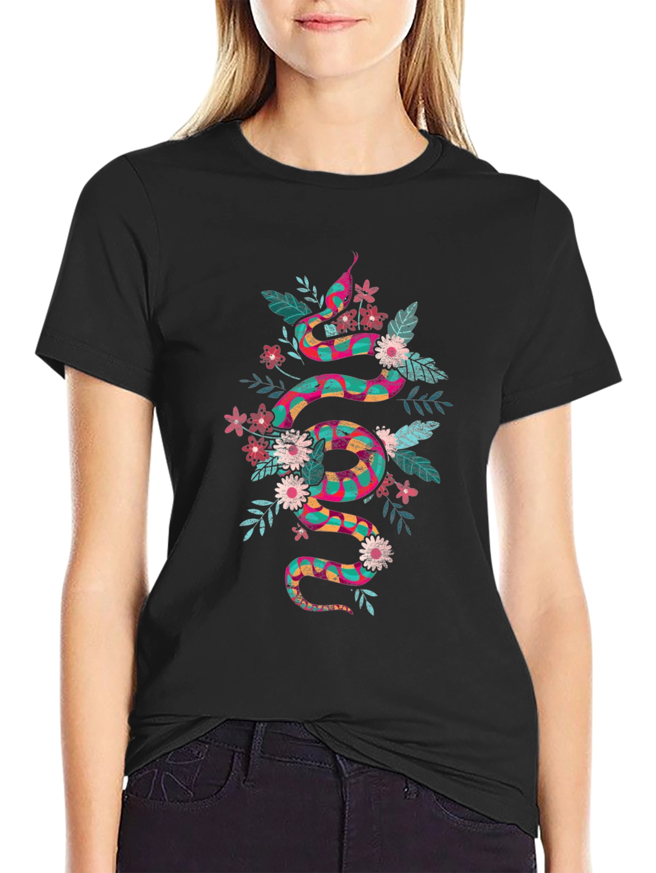 Floral Snake Graphic Print T-Shirt - Mens Casual Tee