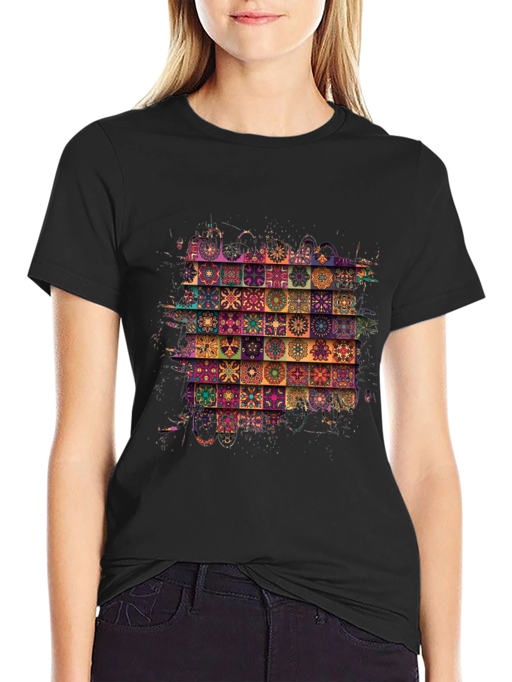 Bohemian Tile Pattern Black T-Shirt