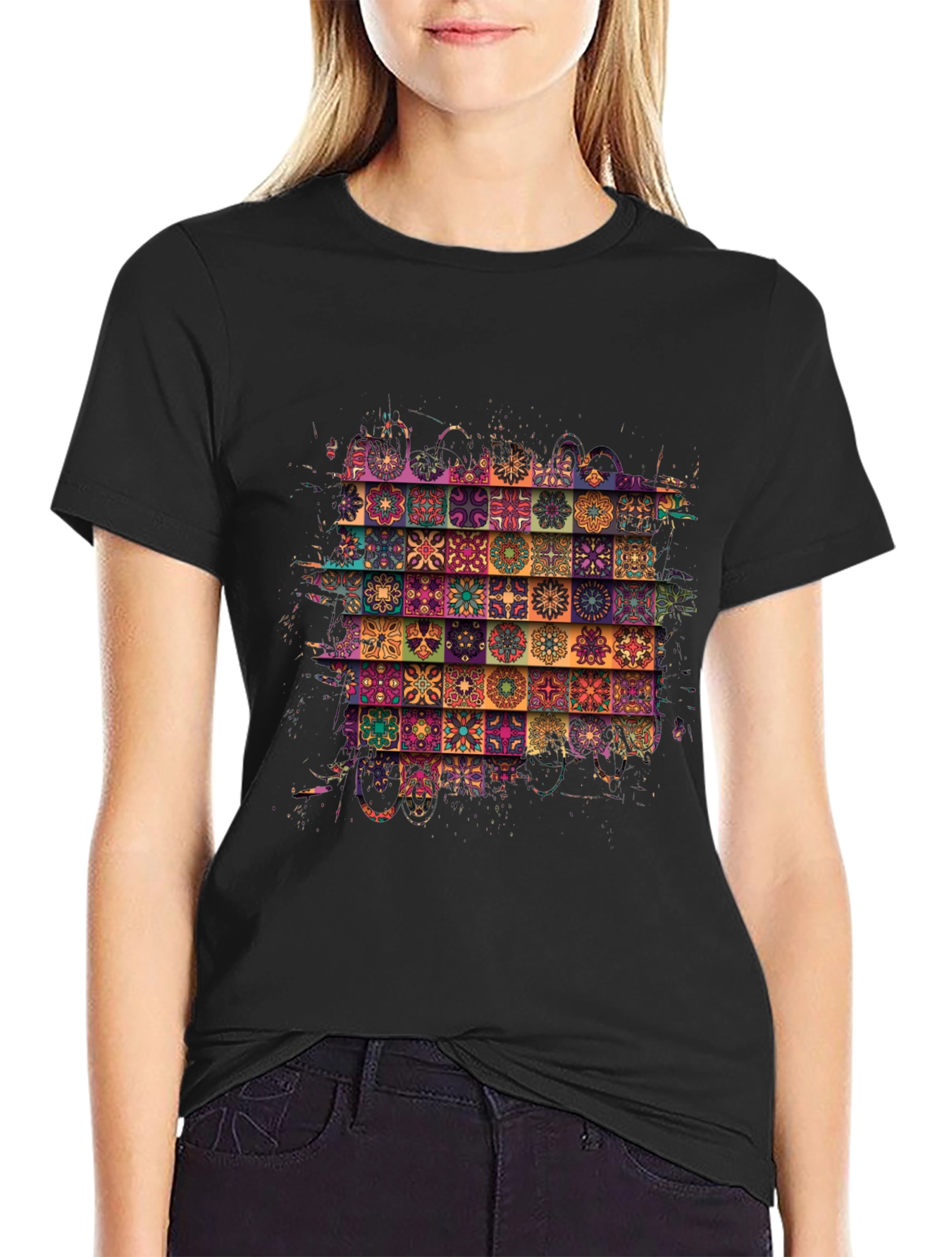 Bohemian Tile Pattern Black T-Shirt