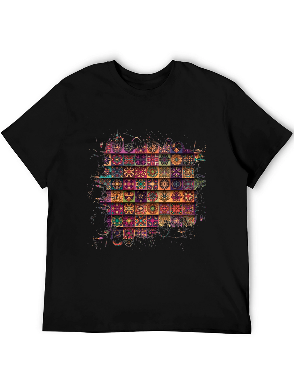 Bohemian Tile Pattern Black T-Shirt