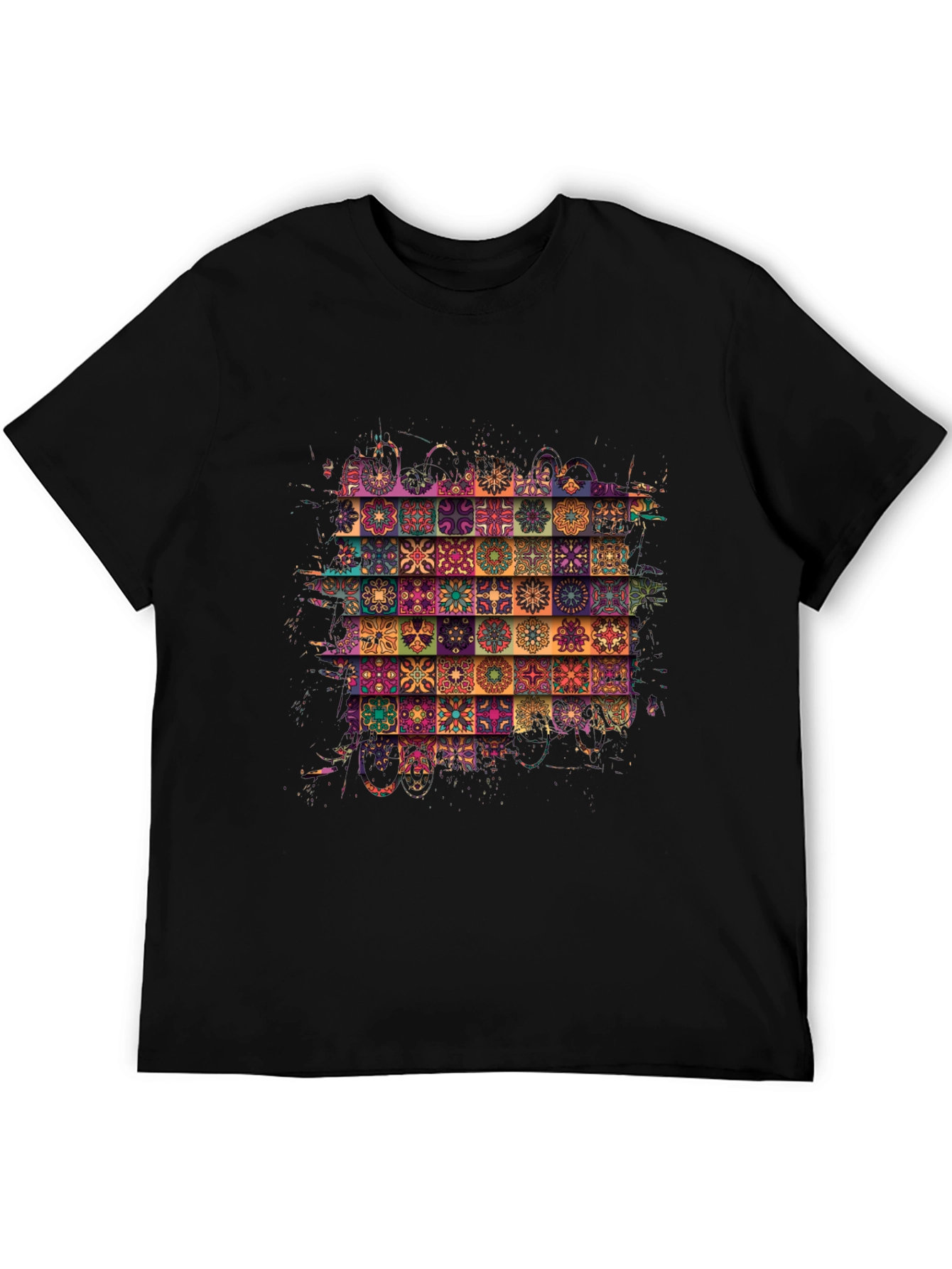 Bohemian Tile Pattern Black T-Shirt
