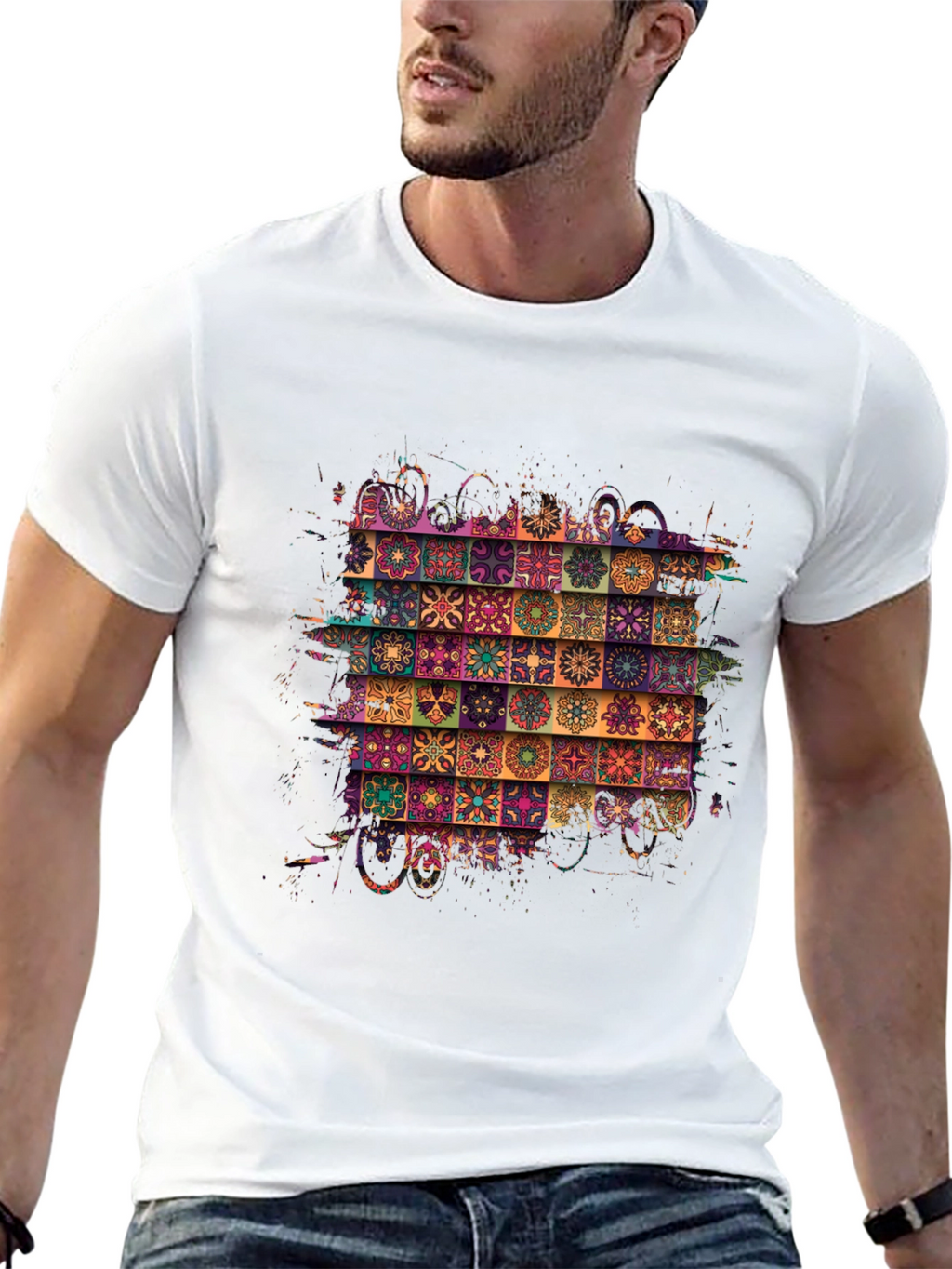 Bohemian Tile Pattern Black T-Shirt