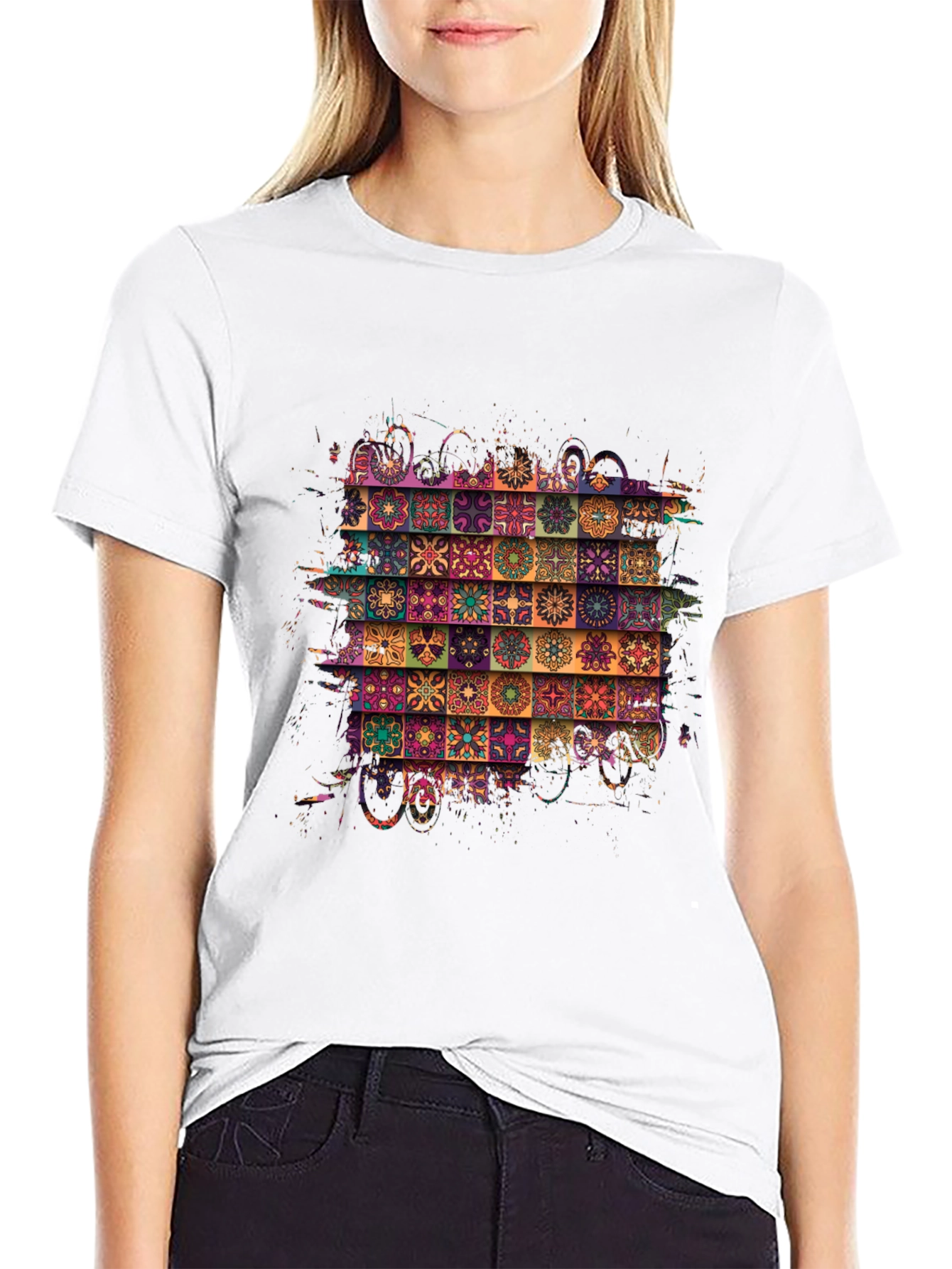Bohemian Tile Pattern Black T-Shirt