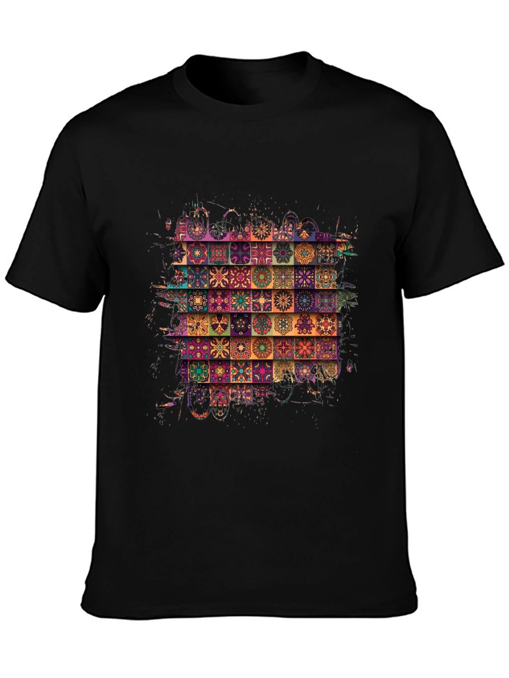 Bohemian Tile Pattern Black T-Shirt