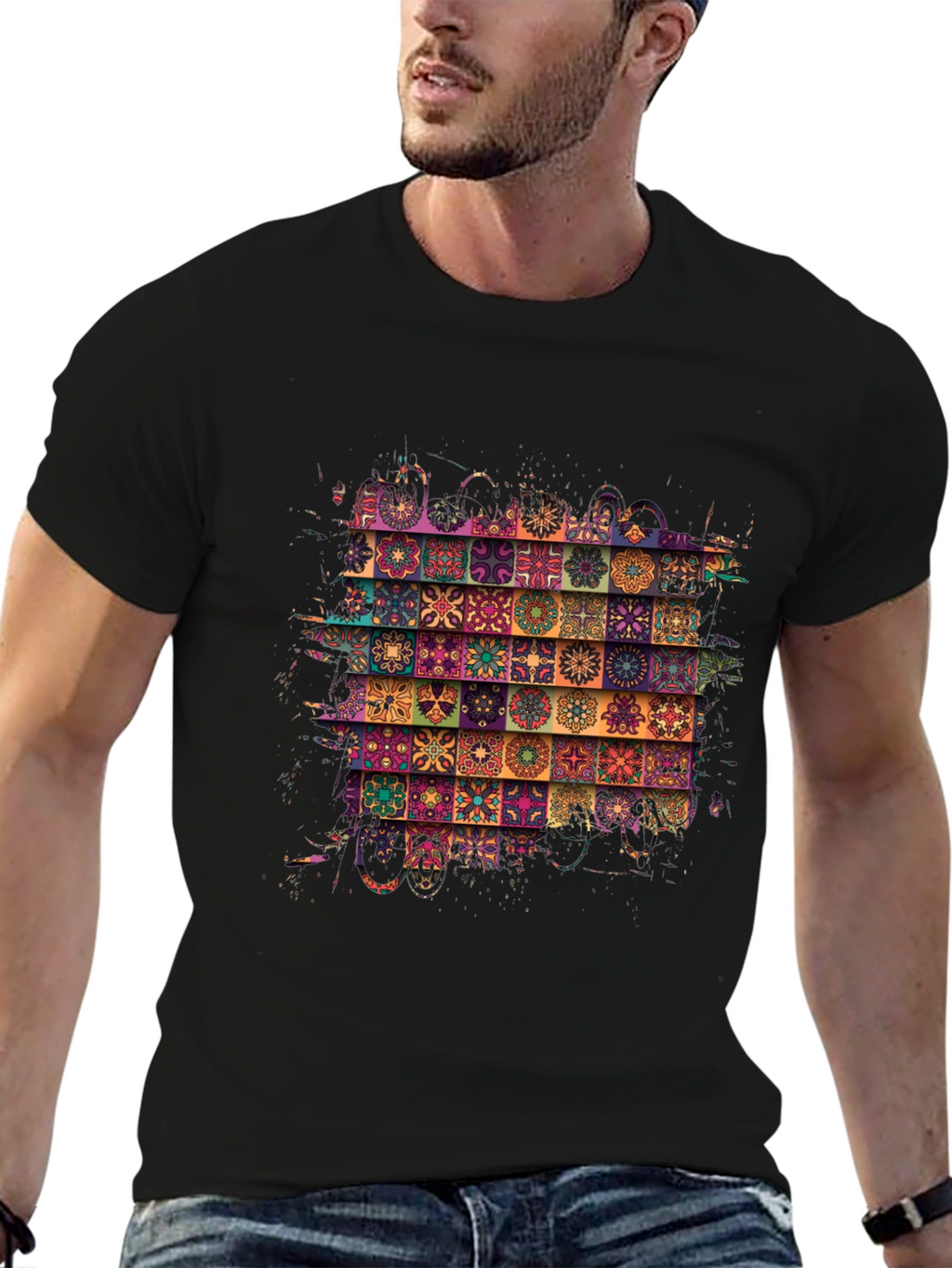 Bohemian Tile Pattern Black T-Shirt