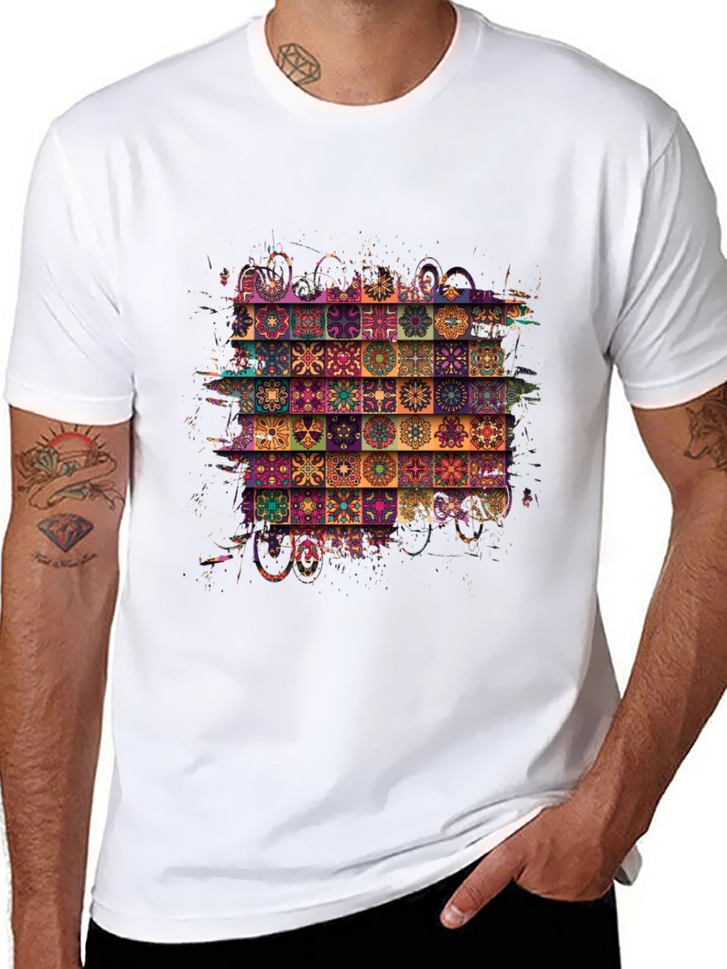 Bohemian Tile Pattern Black T-Shirt