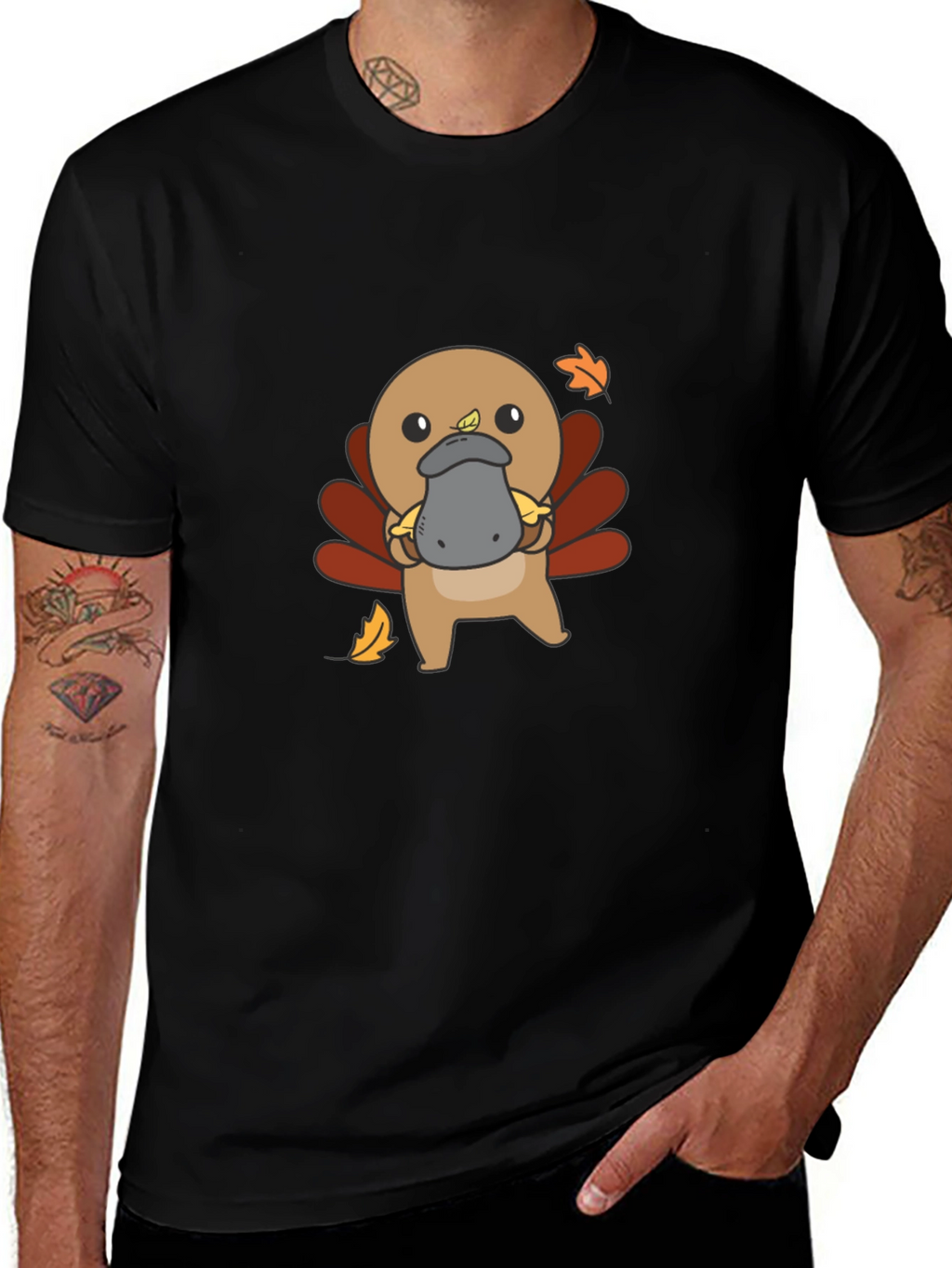 Cute Turkey Platypus Graphic Black T-Shirt