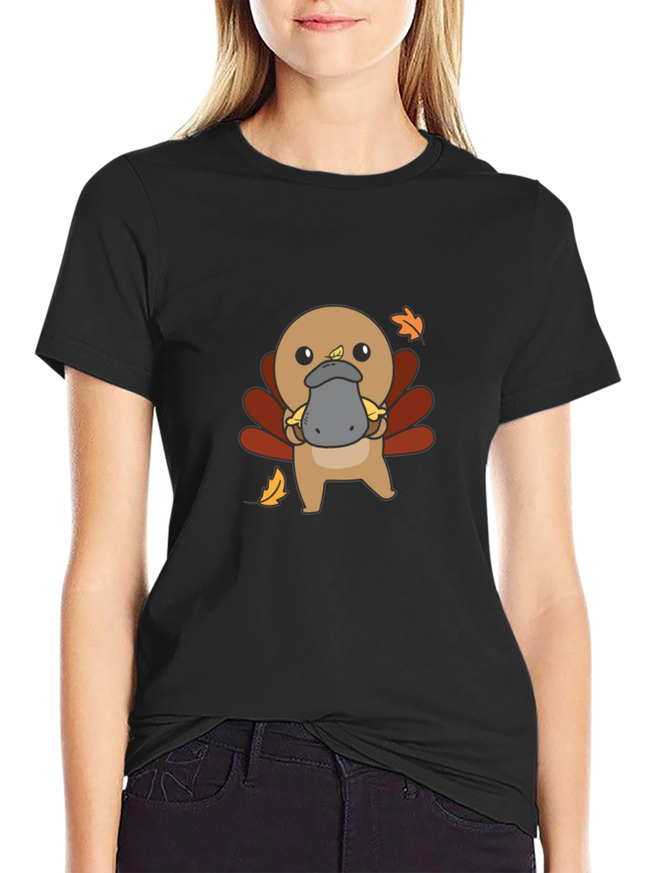 Cute Turkey Platypus Graphic Black T-Shirt