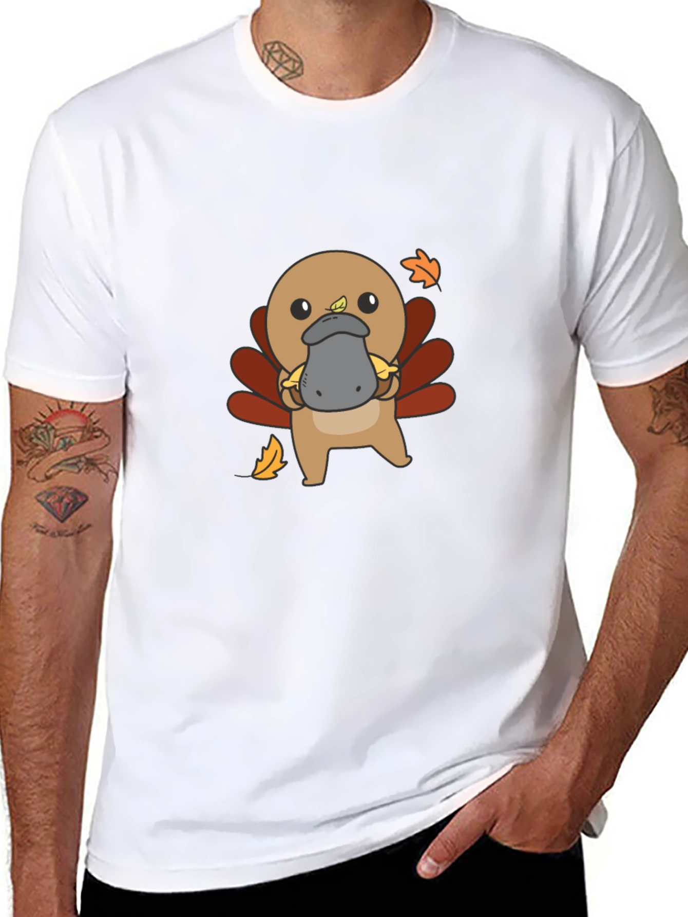 Cute Turkey Platypus Graphic Black T-Shirt
