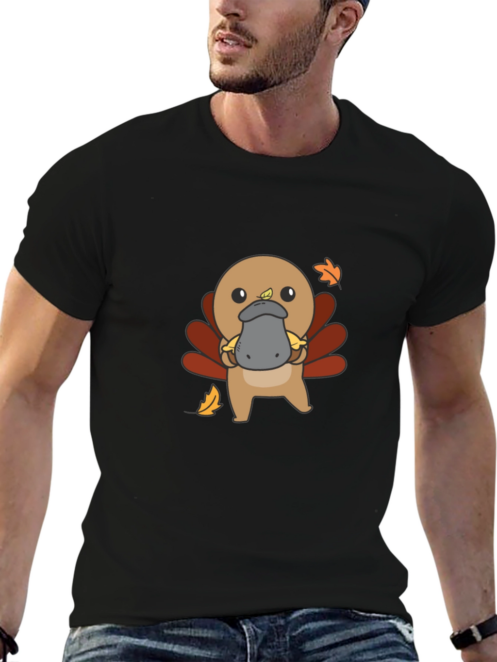 Cute Turkey Platypus Graphic Black T-Shirt