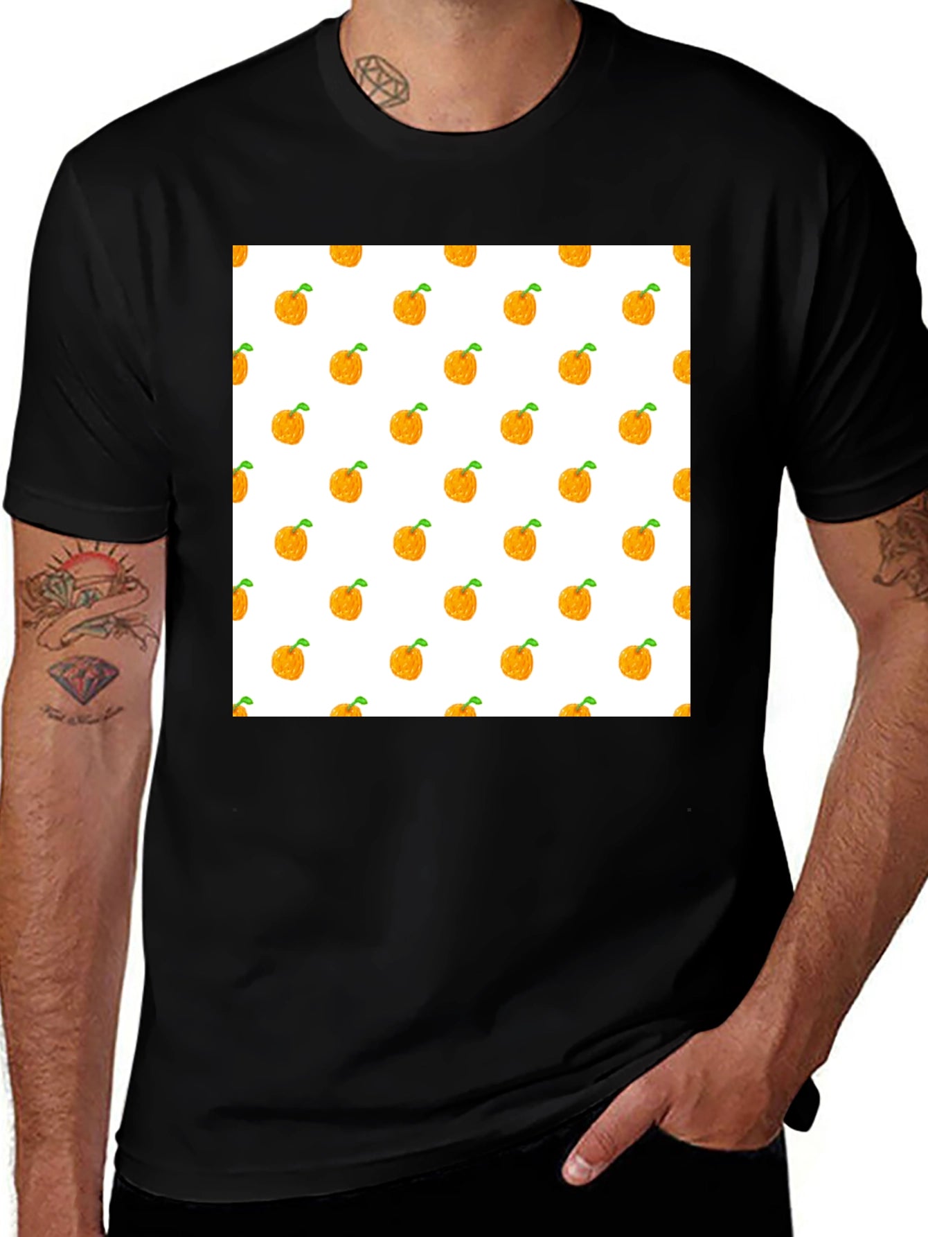 Orange Fruit Pattern Black T-Shirt