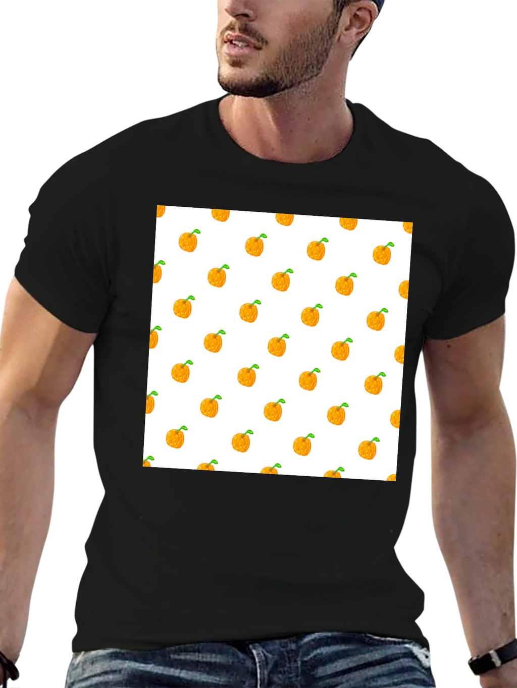 Orange Fruit Pattern Black T-Shirt