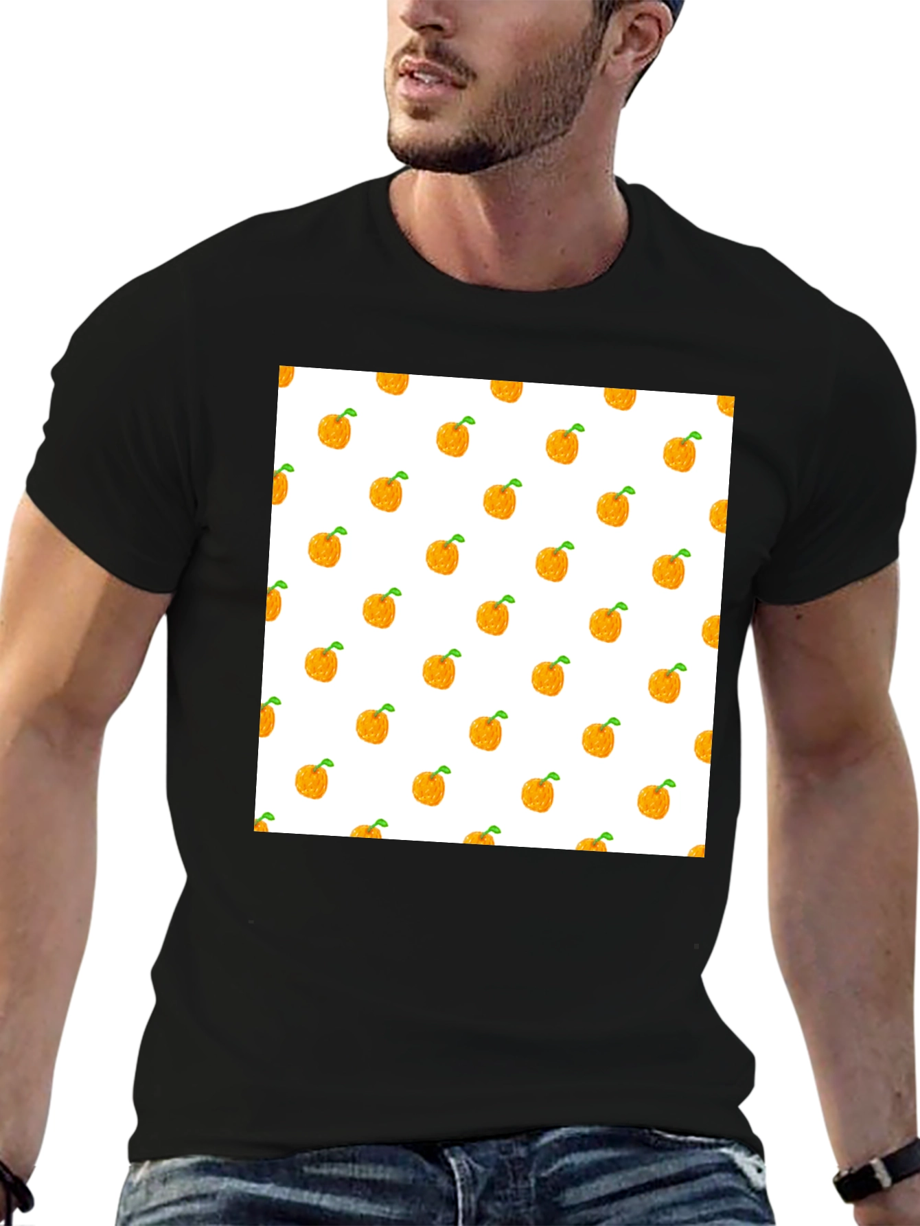 Orange Fruit Pattern Black T-Shirt