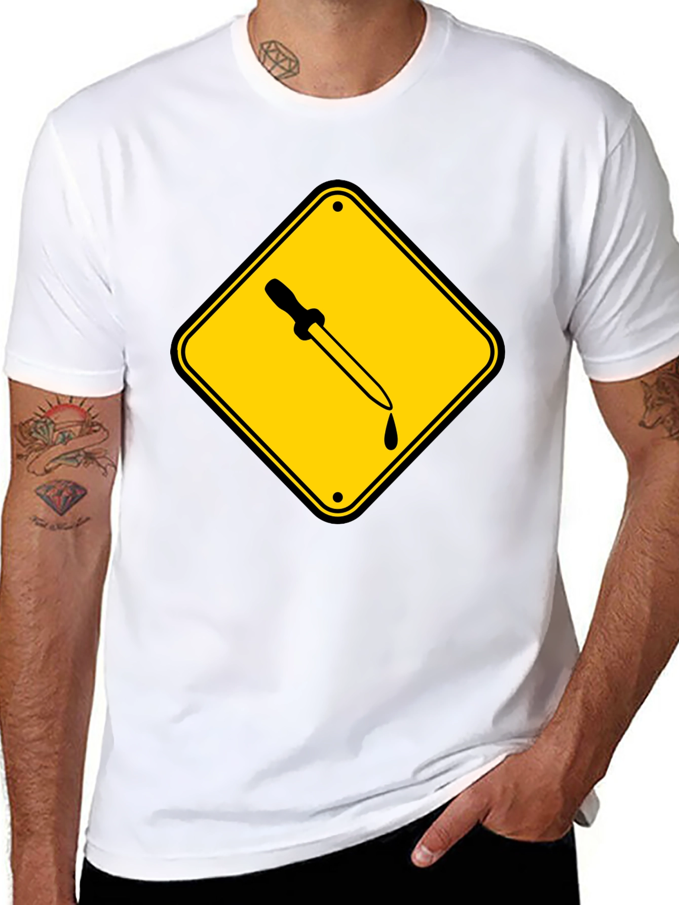 Black T-Shirt with Pipette Warning Sign Graphic