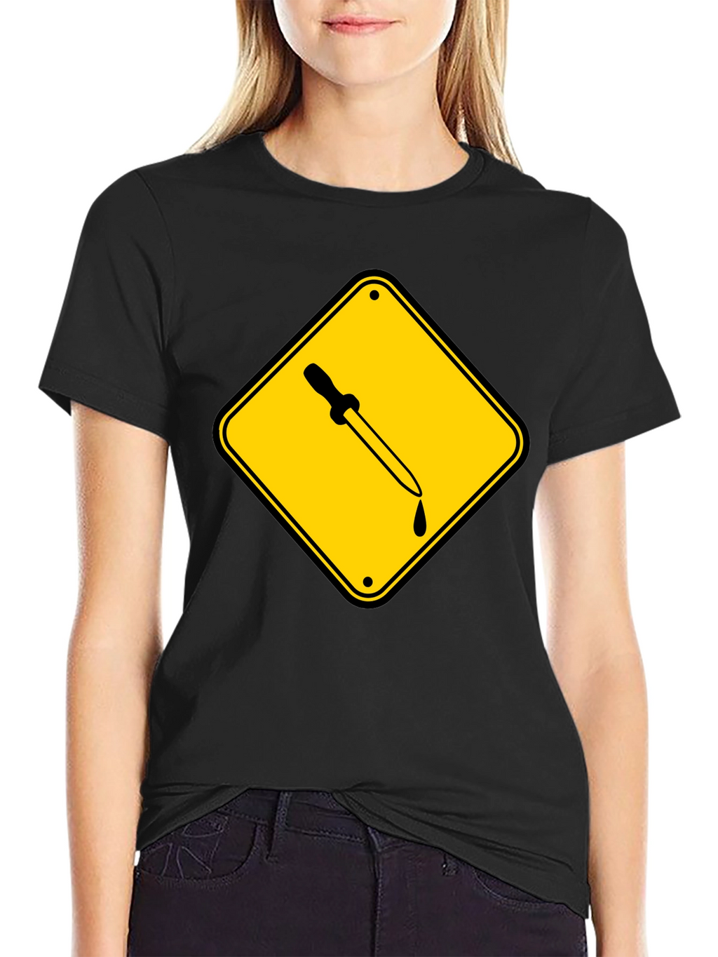 Black T-Shirt with Pipette Warning Sign Graphic