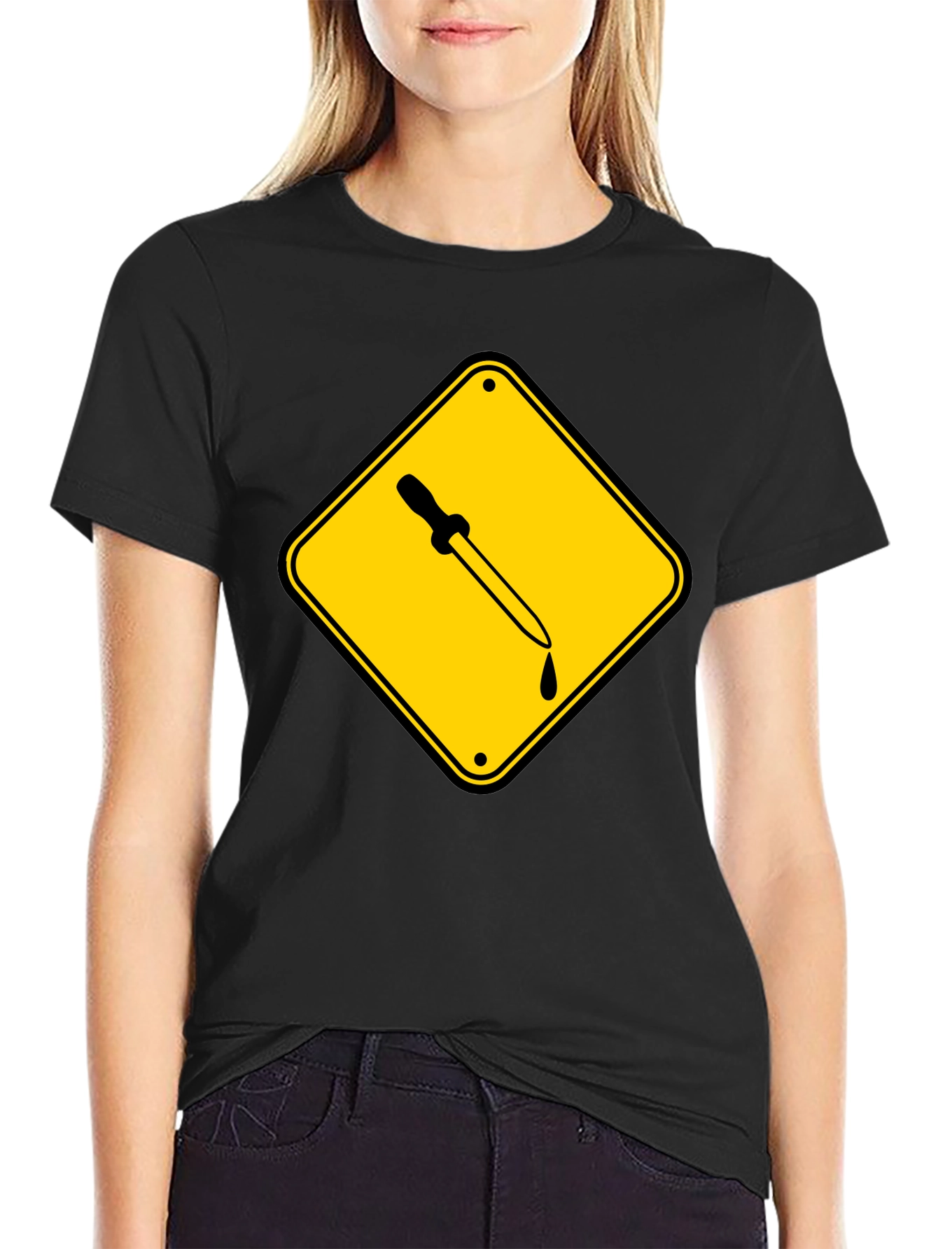 Black T-Shirt with Pipette Warning Sign Graphic