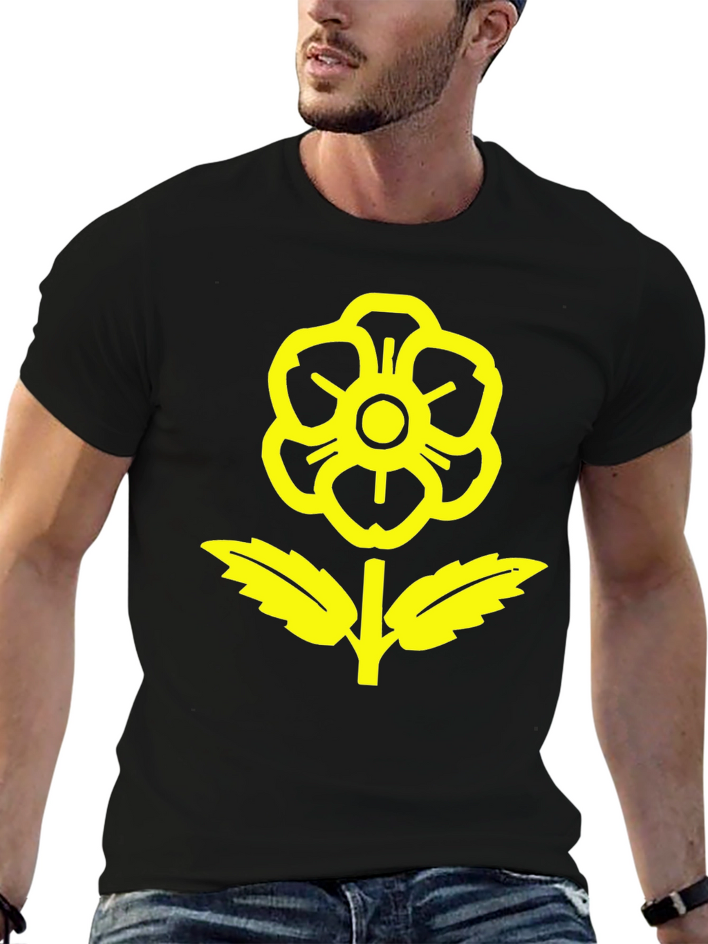 Black T-Shirt with Yellow Flower Graphic